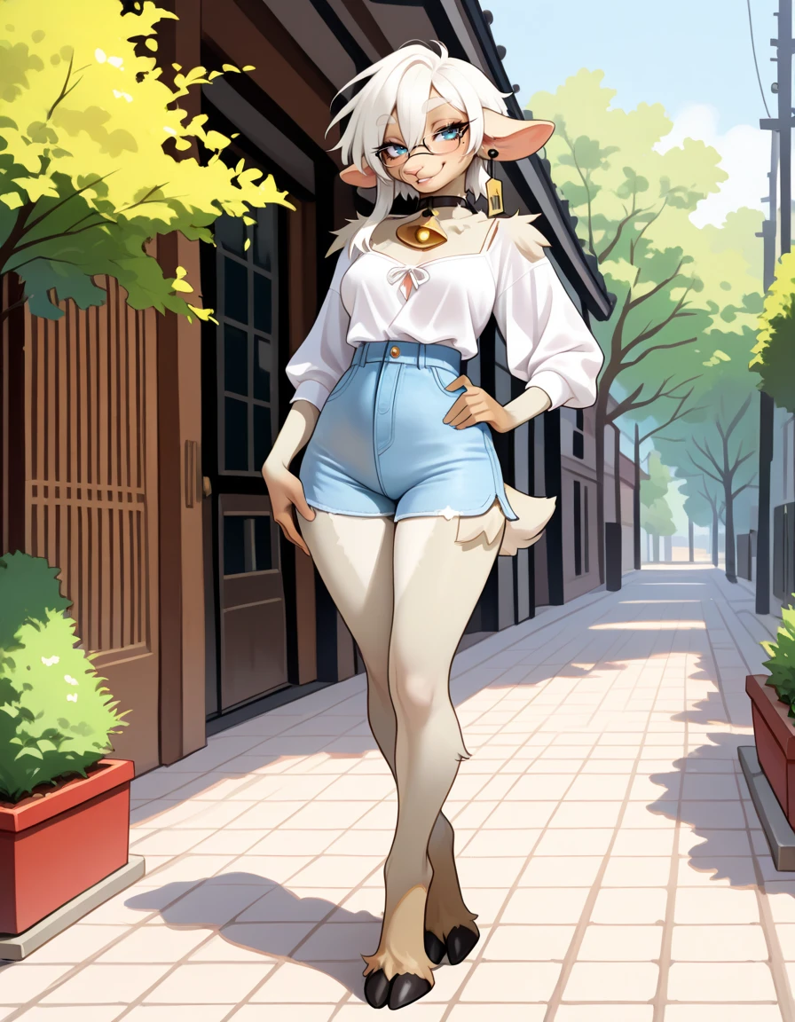 masterpiece, best quality, very aesthetic, absurdres,
outdoors, casual,
full body, posing,
seductive smile, parted lips, long eyelashes,
<lora:Wilma_v01_NAIXL:1>
W11m4,1girl,solo,furry,furry female,animal ears,earrings,ear tag,white hair,short hair,hair between eyes,blue eyes,glasses,snout,mole under eye,animal nose,black choker,neck bell,body fur,white fur,tail,hooves,