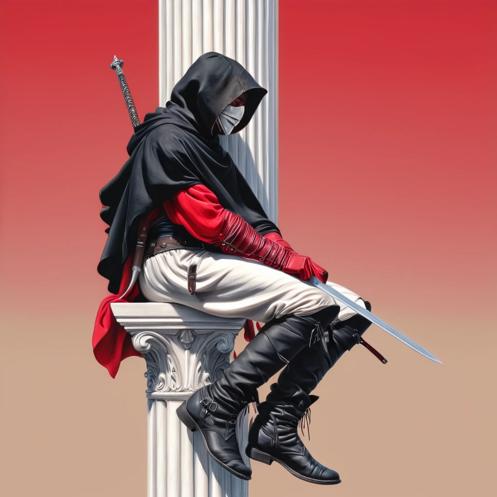 <lora:HyperdetailedRealismMJ7SDXL:1> ArsMJStyle, Colored pencil hyperdetailed realism,, The image is a digital illustration of a person sitting on a white column with a red and beige background. The person is wearing a black hooded cloak and is holding a sword in their right hand. They are also wearing black boots and gloves. The cloak is covering their head and shoulders and they are holding the sword with both hands. The background is a gradient of red and white with the exception of the person's left hand holding the handle of the sword. The overall style of the illustration is dark and ominous., sitting, solo, weapon, gloves, 1boy, boots, male focus, knife, hood, mask