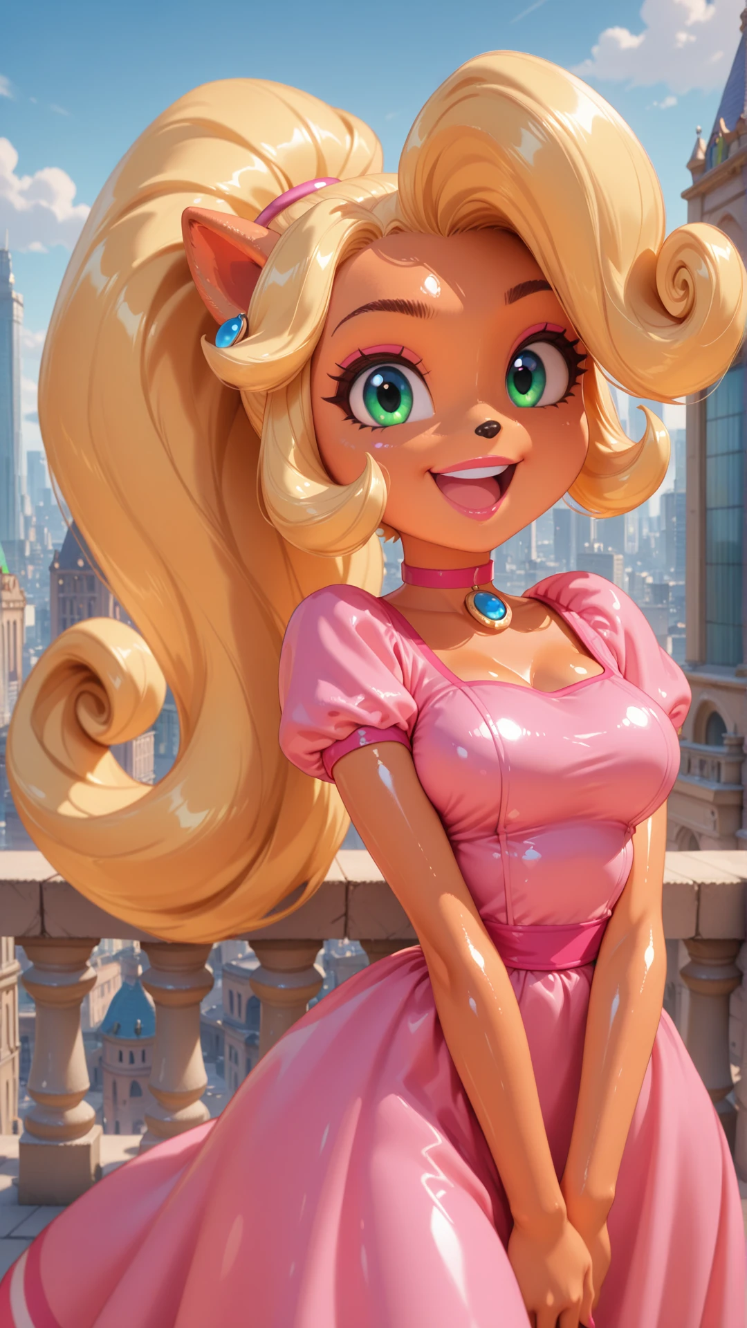 <lora:Princess_Peach_Shiny_Style_V4.0_Illustrious:0.6>,coco bandicoot,1girl,solo,jewelry,long hair,breasts,very long hair,big hair,choker,medium breasts,:d,smile,open mouth,shiny,shiny skin,v arms,upper teeth only,voluminous hair,intricate hair,city,outdoors,looking at viewer,pink dress,