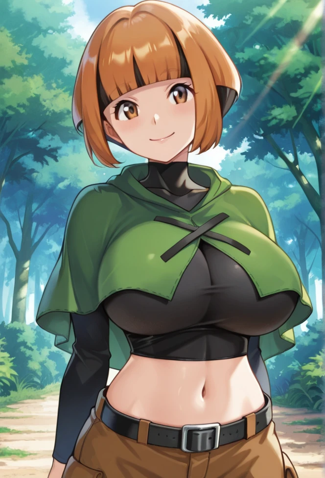 masterpiece、highest quality、Pokémon、nathan、Colossal breasts mature woman、Colossal breasts mature woman、colorful hair、green capellet、(((green cape)))+++、(((green cape)))+++、(((green cape)))+++、black shirt、long sleeve、abdomen、belt、orange shorts、big breasts、Upper body、smile、look at viewer、Wrinkled between the eyebrows、forest、bee、garden、flower