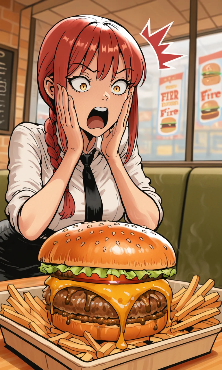 embedding:IllusP0s, f3rn4nd0, makima, annoyed, white shirt, black tie, 1girl, delicious food, surprised, hands on own face, food focus, burger, fries<lora:delicious food_illustrious.safetensors:1.0:1.0> <lora:Style_soph-Fernando-ILXL.safetensors:1:1>