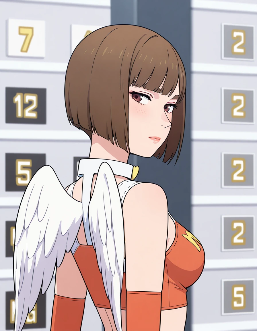 masterpiece, best quality, <lora:MFGhost Kyoko:1> kyoko kurihara, wing choker, looking back, leaderboard wall, two-tone mfg crop top, upper body, elbow gloves, medium breasts,