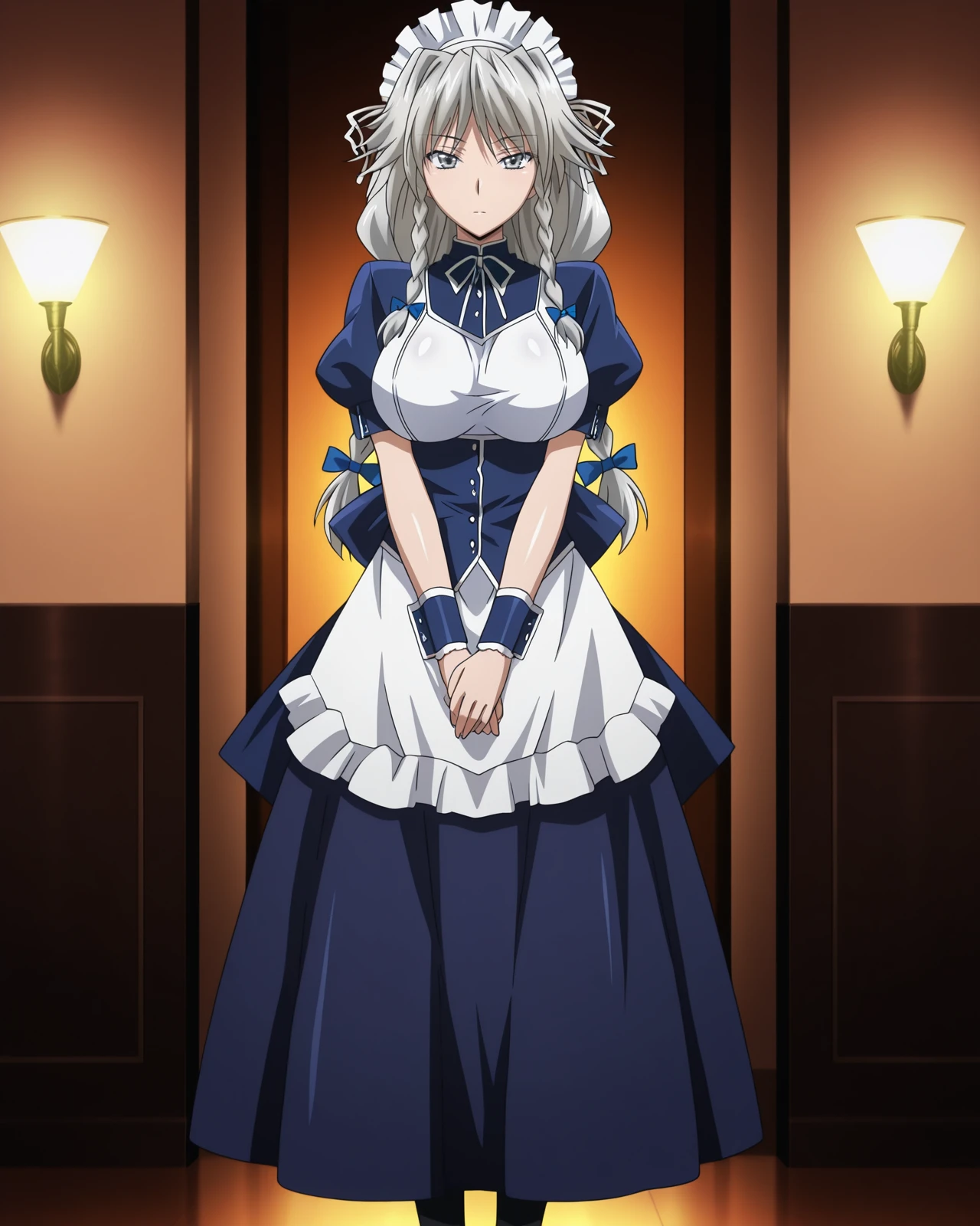 anime screencap,masterpiece,best quality,
8K quality,cinematic lighting,bokeh,HDR,high contrast,amazing quality,very aesthetic,high resolution,ultra-detailed,absurdres,
shiny skin,
BREAK
indoors,
BREAK
grayfia lucifugedxd,
1girl,solo,grey hair,twin braids,long hair,grey eyes,large breasts,
skirt,dress,ribbon,braid,short sleeves,hair bow,pantyhose,frills,puffy sleeves,blue ribbon,black footwear,apron,puffy short sleeves,blue skirt,wrist cuffs,maid,white apron,maid headdress,neck ribbon,blue bow,
expressionless,own hands together,waist apron,maid apron,frilled apron,v arms,straight-on,standing,
<lora:Grayfia_Lucifuge_IL_High_School_DxD:1>,