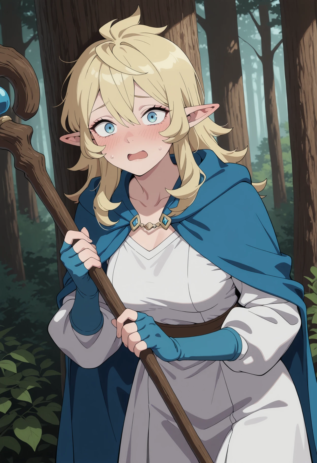 masterpiece, best quality, amazing quality, 1girl, solo,
<lora:Fionil_Dungeon_Meshi_IL_V1:1>, KJOfionil, blonde hair, light blue eyes, hair between eyes, pointy ears, long hair,
white robe, blue cape, blue fingerless gloves, long sleeves, gold capelet,
holding wooden staff, embarrassed, open mouth, nervous, blush, looking at viewer,
tree, forest,
,