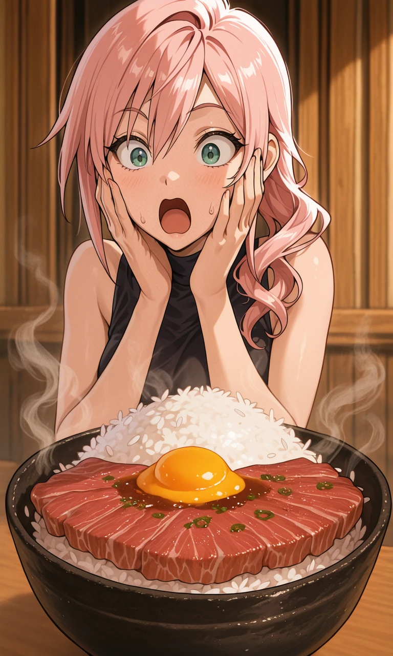 embedding:IllusP0s, delicious food, surprised, hands on own face, food focus, claire farron_\(final fantasy\), beef rendang, rice, 1girl, steam,<lora:delicious food_illustrious.safetensors:1.0:1.0>