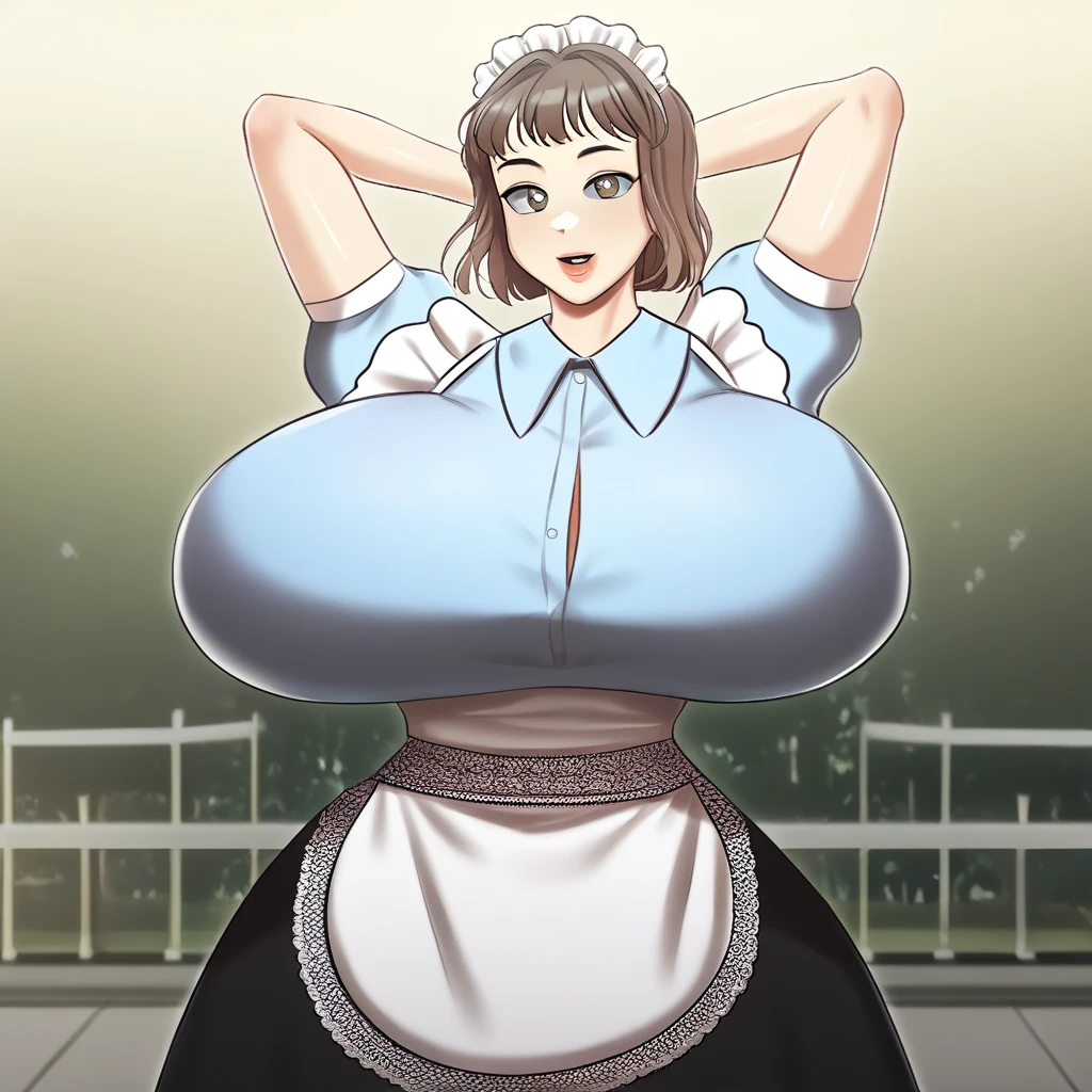 (masterpiece, best quality, highres, detailed, realistic:1.2), young japanese woman, maid, taking orders, (gigantic breasts:1.8), (bursting breasts:1.4), (detailed face, beautiful face), (annoyed expression:1.2), maid outfit, blushing, annoyed, skinny, crowded maid cafe, fringe, customers staring
