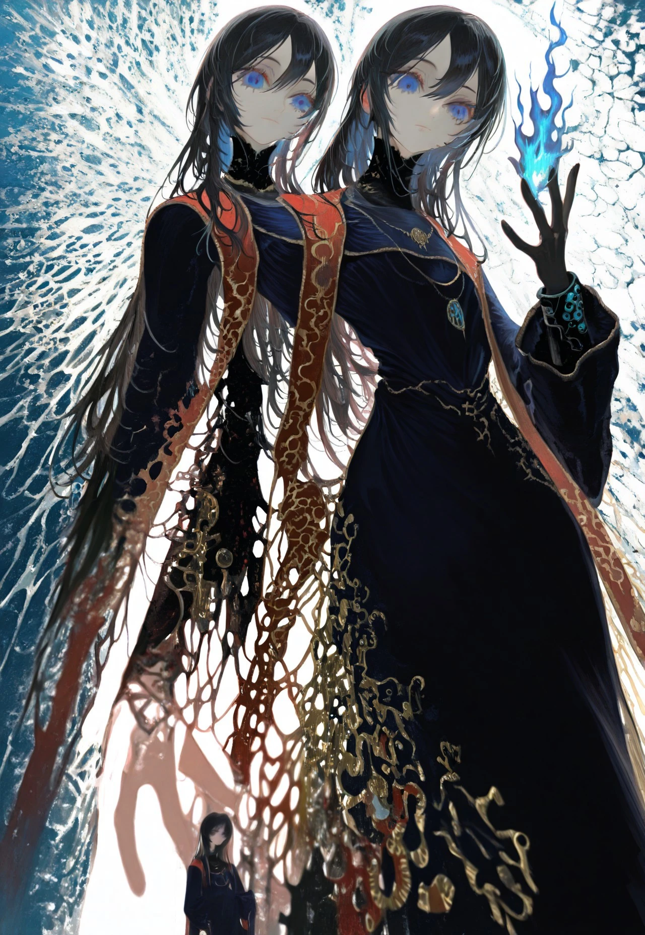 masterpiece, best quality, amazing quality, very aesthetic, absurdres, newest, 1girl,
can573r, abstract, surreal, detailed background, abstract background,
blue background, (black background:0.5), red accents,
s0rc3r3ss_s3ll3n, blue robe, blue dress, long sleeves, robe, black hair, blue eyes, necklace, long hair, expressionless,
depth of field, backlighting, lens flare, blue fire, blue flames, volumetric lighting, detailed shadows,
unique angle, from below, (from side:0.5)