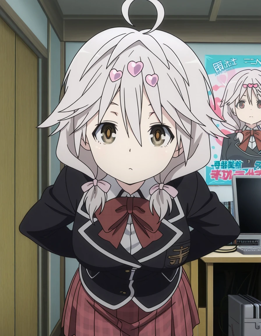 masterpiece, best quality, amazing quality,, <lora:yui-kurata-s1-illustriousxl-lora-nochekaiser:1>, yui kurata, hair ornament, bow, twintails, ahoge, heart, low twintails, short twintails, heart hair ornament, mature female, breasts, anime screencap, skirt, school uniform, blazer, black blazer, red bowtie, long sleeves, red skirt, pleated skirt, plaid skirt,, hands behind back, bent over,, otaku room, posters, anime_figures, computer, cluttered, cowboy shot, solo, looking at viewer