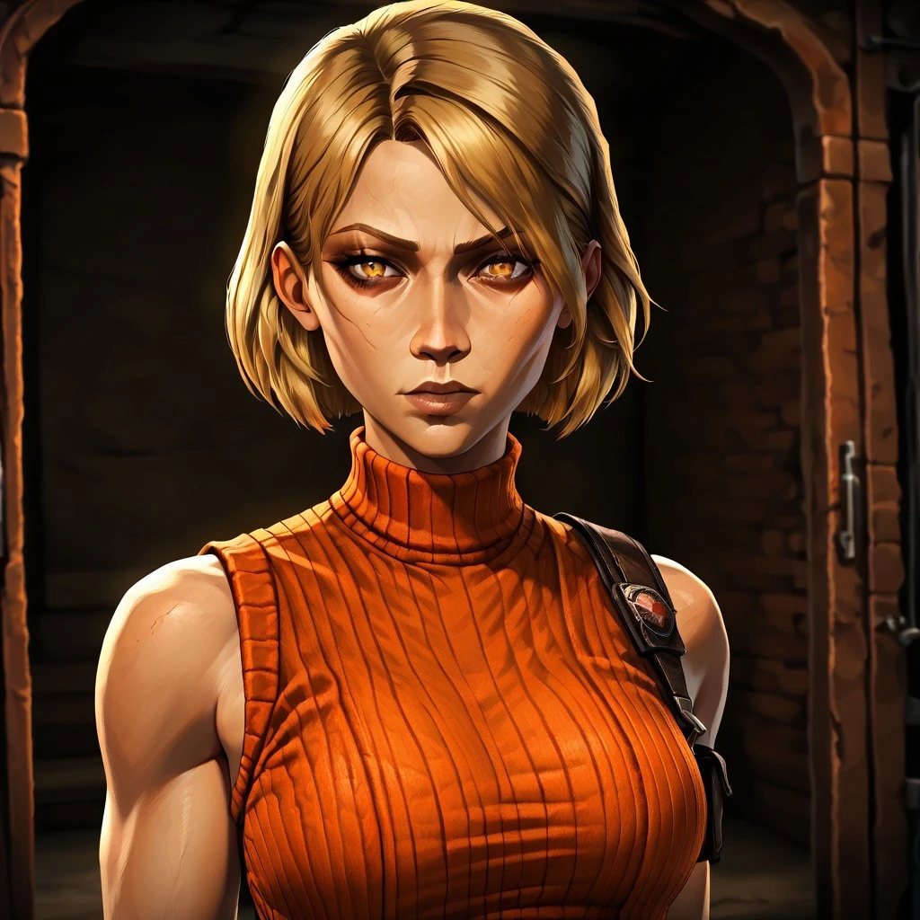 masterpiece, best quality, newest, absurdres, highres, P3DV1.0, 1girl, ashley graham (resident evil), blonde, orange shirt, blonde hair, orange sweater,
sleeveless, sleeveless sweater, sleeveless tutrleneck, turtleneck, short hair, curtained hair,