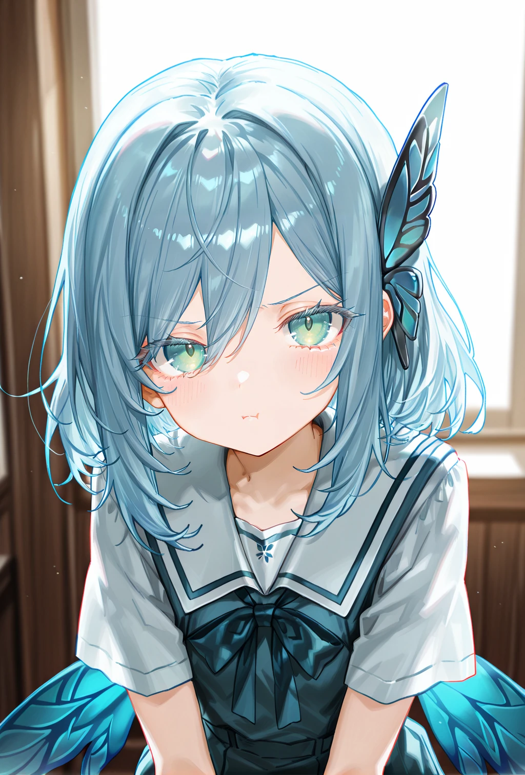 1girl, sensitive, (artist:sincos:0.4), (artist:deadflow:0.5), (artist:ao+beni:0.9), (artist:quasarcake:0.85), (artist:nanashi \(nlo\):0.1), (artist:tianliang duohe fangdongye:1), <lora:Vanya-05:1>, vanya, butterfly hair ornament, blue wings, school uniform, v-shaped eyebrows, pout, blush, looking at viewer, blurry background, masterpiece, best quality, amazing quality, very aesthetic, absurdres, newest, scenery, <lora:deal360acv illustrious 006:0.45>, <lora:dj_sloppa_ill_v2:0.2>, <lora:nyalia:0.35>