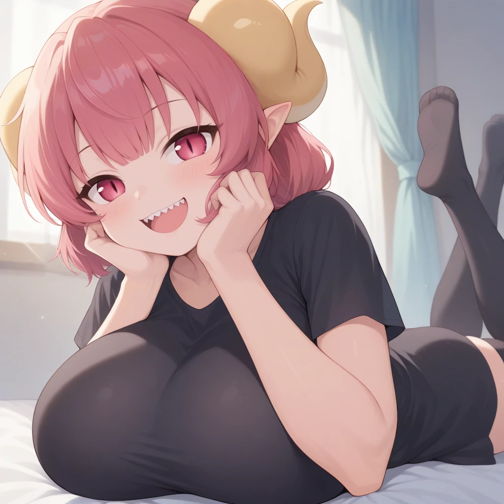 masterpiece、alta calidad、de primera calidad、colmillo, colmillo de piel,Ilulu\(maidragon\),Ilulu, 1 chica en, solo, mirando a los espectadores, rubor rojo, Una sonrisa, abrir la boca abierta, (piel brillante:1.2),（tetas colosales:1.8）、(pechos absurdamente enormes:1.4)、saggy breast, 、(black lingerie)、erectile nipple、Antecedentes detallados, abrir las piernas