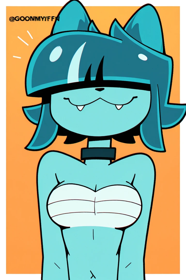 A shark humanoid (age 10, very human face an torso, shark lower body, sea star bra, dark eyes, deep blue hair, shark fin on back, over sized mouth with razor teeth) seen from the side, she is disinterested in the viewer, she is hungrily eating a fish, colorful reef