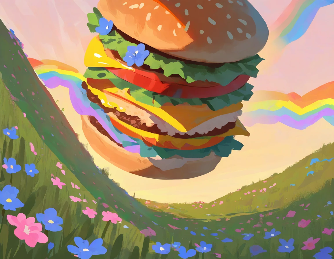 incredibly absurdres, highres, masterpiece, newest, painterly, no lineart, blending, rainbow, rice field, blue flowers, sunset, pink flowers, (burger, big mac), no humans