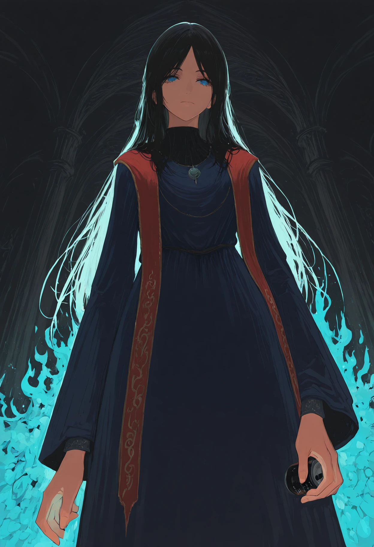 masterpiece, best quality, amazing quality, very aesthetic, absurdres, newest, 1girl,
<lora:canster_style_illustr-000015-32dim:0.8> can573r, abstract, surreal, detailed background, abstract background,
<lora:dark_fantasy_illustration_illustriousXL:0.6> dark_fantasy_illustration,
<lora:sellen_noob:0.8> s0rc3r3ss_s3ll3n, blue robe, blue dress, long sleeves, robe, black hair, blue eyes, necklace, long hair, expressionless,
depth of field, backlighting, lens flare, blue fire, blue flames, volumetric lighting, detailed shadows,
unique angle, from below, (from side:0.5)