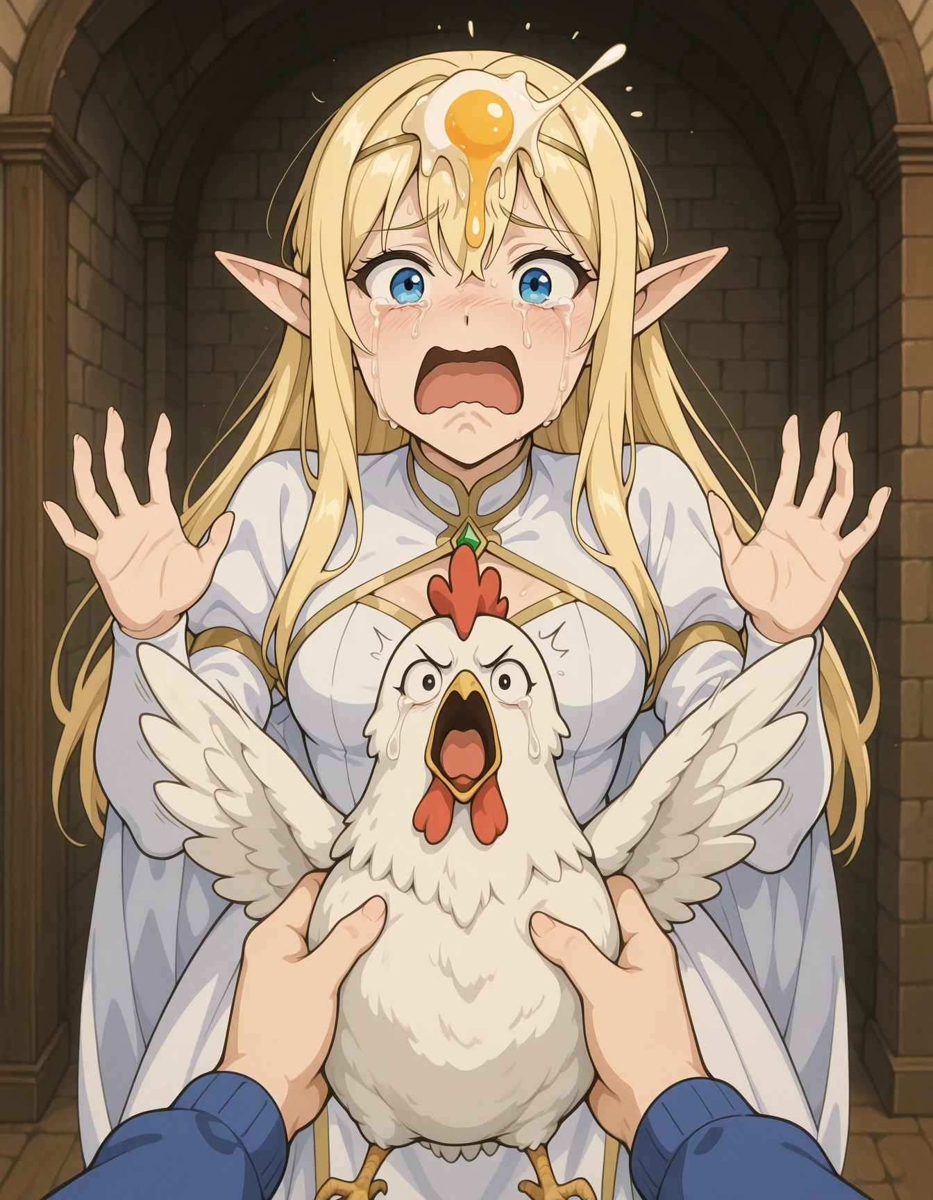 Anime. 1 Girl. Cute girl. Angel. Slave. Blonde. Long hair. Blue eyes. Beautiful eyes. Perfect eyes. Expressive eyes. Ideal face. Beautiful nose. Snotty nose. 16 years. Big breasts. Beautiful breasts. Pointy ears. She got sick. She has allergies. She has a runny nose. She has mucus from her nose. She has snot. Snot flows from the nose. She has diarrhea. She wants to poop. She needs to poop. She has a strong, desperate urge to poop. She poops diarrhea while squatting in a cage in the middle of the street. Diarrhea runs down thighs. A puddle of diarrhea on the ground. Ideal anatomical body. Beautiful long legs. The whole body is covered with scars. Angel wings. White wings. Dirty tunic. Torn tunic. She wears a diaper. Barefoot. Slave collar. Shackles. Standing. in full. Fantasy. Street. Many people. Beautiful character design. Shiny skin. Whole body. nsfw. Scat. Official art. Extremely detailed CG Unity 8k wallpaper. Ideal lighting. Ultra high resolution 4K. Super detailed 8K. A high resolution.