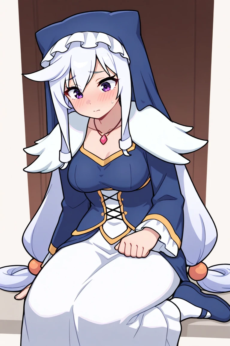score_9, score_8_above, score_7_above,
eris,1 girl,Alone,Blue eyes,by white,hair between the eyes, very long hair, clavicle, only,long sleeves,dress,Wearing a dog collar, laying, bedroom, Naughty tattoo on the belly, pregnancy