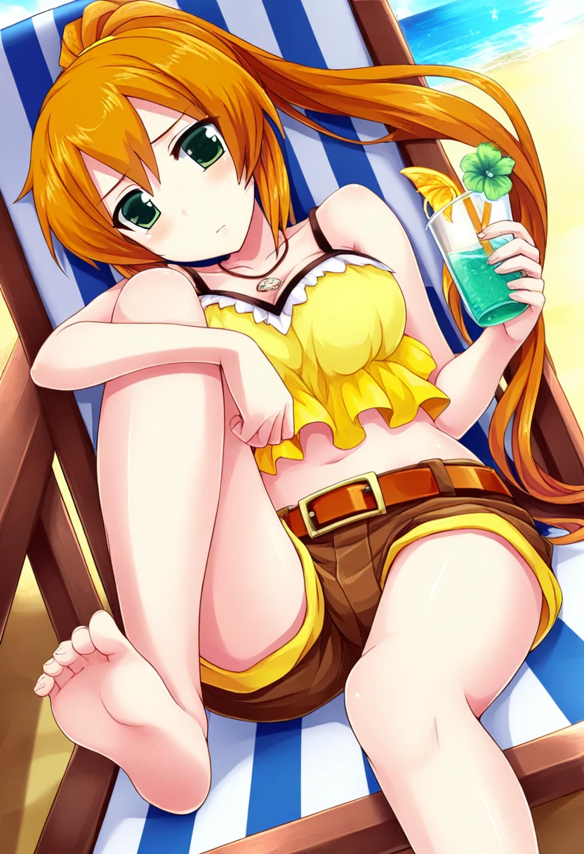 Masterpiece, best quality, standing, love live style,1persons, boy ,boy in swimsuit,1girl, honoka kousaka, blue eyes, orange hair,breasts, White blouse, yellow skirt, stylish pink belt,off shoulder brown crop jacket, standing, popsicle in mouth,day, thighs ,one eye closed ,pink ribbon , beach, putting his hand on her hip,NTR
