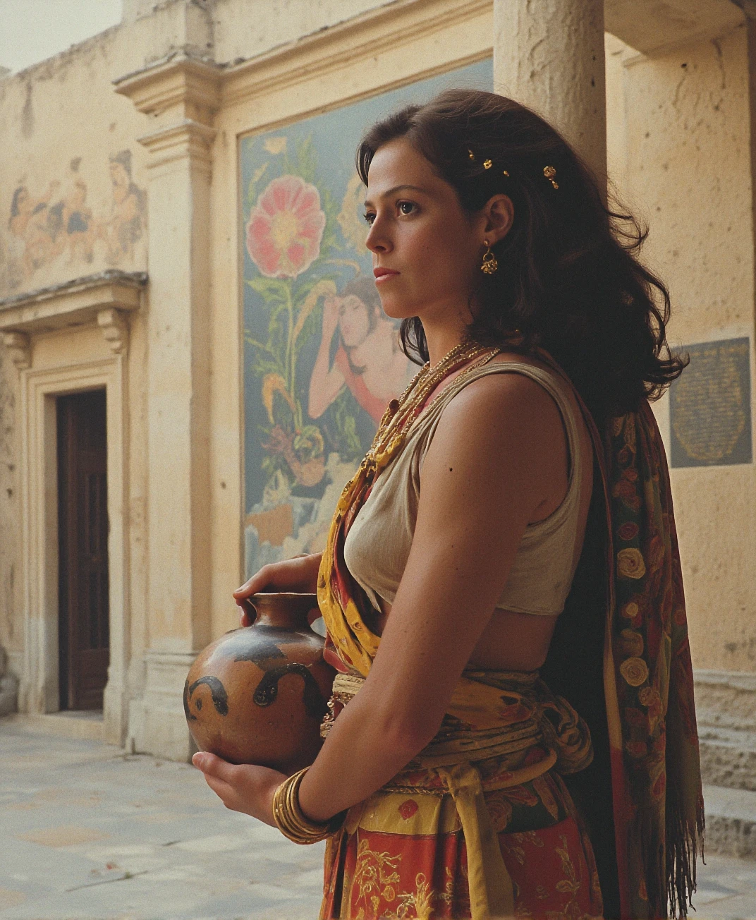 An analog photograph of (sks woman:1), The Minoan Palace (15th Century BCE Crete)
In the courtyard of a grand Minoan palace, she wears a brightly colored tiered skirt with bold patterns of spirals and flowers. Her fitted bodice, open to reveal a linen chemise, is adorned with embroidery and beads. Gold bracelets jingle on her wrists, and her hair, coiled into intricate curls, is adorned with small pins shaped like shells. She holds a pottery jar painted with dolphins, her gaze following the frescoes of mythical creatures adorning the palace walls.