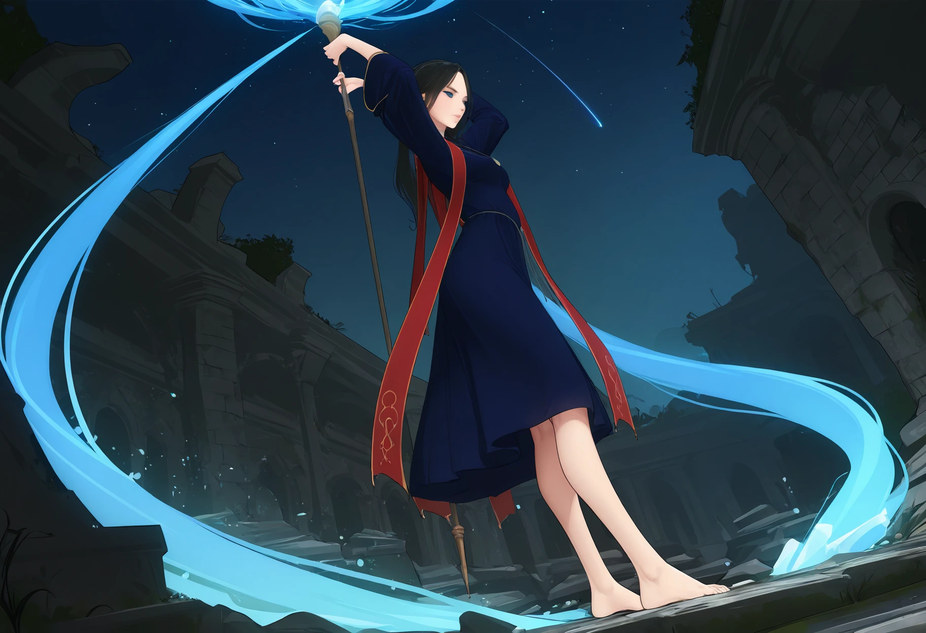 masterpiece, best quality, amazing quality, very aesthetic, absurdres, newest, 1girl,
ama mitsuki, tarakanovich,
<lora:sellen_noob:0.9> s0rc3r3ss_s3ll3n, blue robe, blue dress, long sleeves, robe, black hair, blue eyes, necklace, long hair, expressionless, medium breasts,
from side, from below, unique angle,
holding staff, magic, blue magic aura, outdoors, starry sky, shooting star, night, ruins in background, stone brick ruins,
full body view, arms up, hands up, legs apart, barefoot