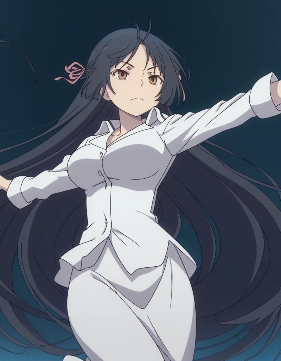 masterpiece, best quality, amazing quality,, <lora:akio-fudou-s1-illustriousxl-lora-nochekaiser:1>, akio fudou, long hair, black hair, brown eyes, very long hair, hair ribbon, half-updo, mature female, breasts, anime screencap, <lora:dynamic-pose-illustriousxl-lora-nochekaiser:1>, dynamic pose, midair, cowboy shot,