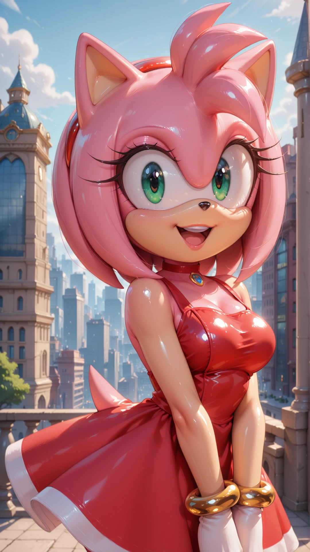 <lora:Princess_Peach_Shiny_Style_V4.0_Illustrious:0.6>,amy rose,1girl,solo,jewelry,breasts,big hair,choker,medium breasts,:d,smile,open mouth,shiny,shiny skin,v arms,upper teeth only,voluminous hair,intricate hair,city,outdoors,looking at viewer,red dress,sonic \(series\),furry female,
