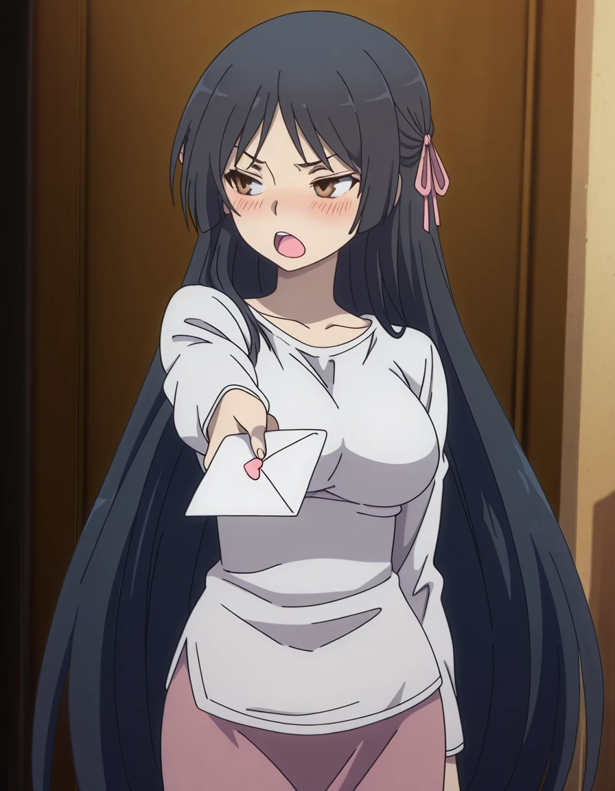 masterpiece, best quality, amazing quality,, <lora:akio-fudou-s1-illustriousxl-lora-nochekaiser:1>, akio fudou, long hair, black hair, brown eyes, very long hair, hair ribbon, half-updo, mature female, breasts, anime screencap, <lora:tsundere-illustriousxl-lora-nochekaiser:1>, tsundere, incoming letter, love letter, outstretched arm, looking away, blush, open mouth, cowboy shot,