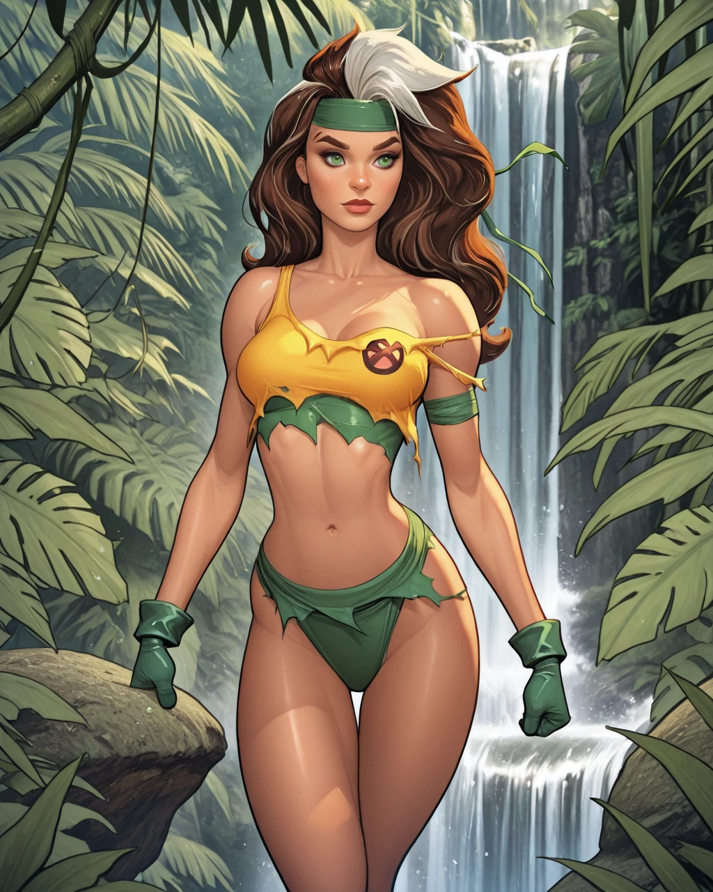 uma obra-prima, Melhor qualidade, woman wearing a militar camouflage LEOTARD,rabbit ears tiara,fake eyelashes,fleshy lips,looking to observer, little smile,tan pantyhose,TERRY MOORE ART, SCENARIO florish florest background
