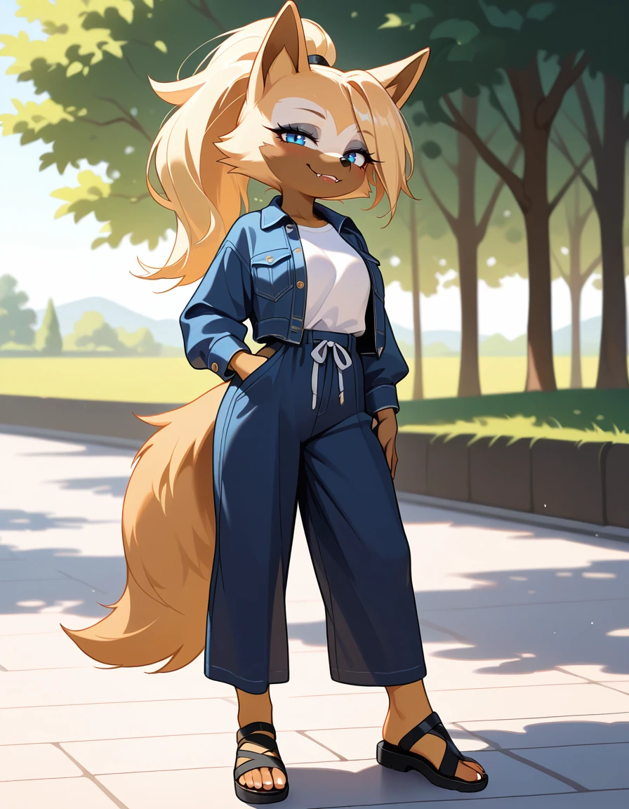 masterpiece, best quality, very aesthetic, absurdres,
outdoors, casual,
full body, standing, posing,
seductive smile, parted lips, long eyelashes,
<lora:Whisper_the_Wolf_v01_NAIXL:1>,
Wh15p3r,1girl,solo,furry,furry female,wolf girl,long hair,blonde hair,wolf ears,ponytail,blue eyes,makeup,anout,animal nose,fangs,body fur,two-tone fur,orange fur,brown fur,wolf tail,