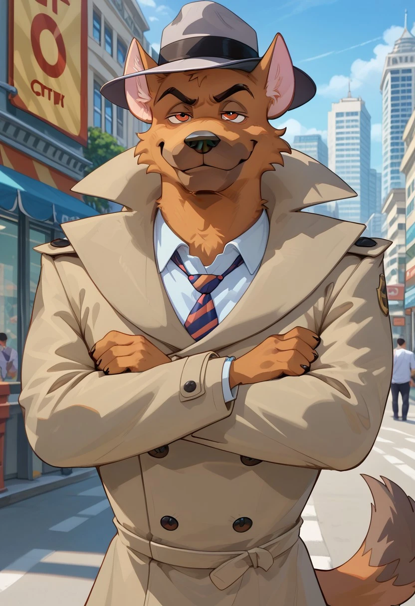 score_9, score_8_up, score_7_up, AceHart, german shepherd, solo, 1boy, ((expressive)), ((body movement, hand movement)), outdoors, in city, standing near light pole, arms crossed, smug, grey hat, white business shirt, tanned coat, black pants, blue tie with red stripes, big iris, pupils shown, detailed bedroom, hi res, detailed eyes, eyes focus, perfect eyes, perfect face, best artwork, highly detailed