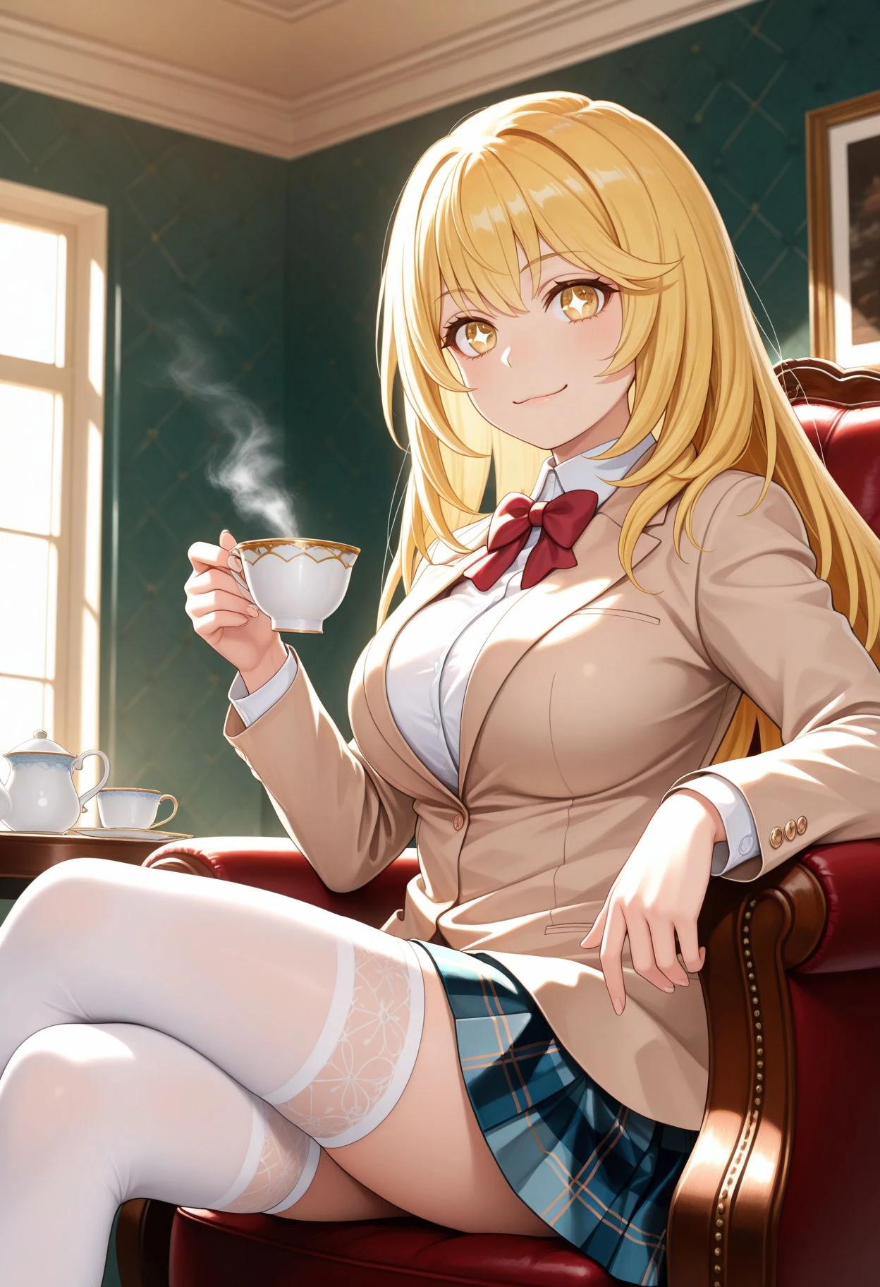 (masterpiece, best quality:1.2), 1girl, solo, long hair, blonde hair, pointy sidebangs, blue eyes, looking at the viewer, white dress, winter coat, fur hat, sitting, table, holding cup, cowboy shot, full body, outdoors, garden <lora:Princess sdxl_lora:1><lora:MeMaXL_V2:0.9>