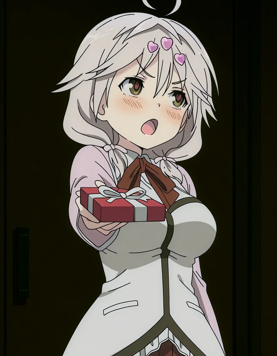 masterpiece, best quality, amazing quality,, <lora:yui-kurata-s1-illustriousxl-lora-nochekaiser:1>, yui kurata, hair ornament, bow, twintails, ahoge, heart, low twintails, short twintails, heart hair ornament, mature female, breasts, anime screencap, <lora:tsundere-illustriousxl-lora-nochekaiser:1>, tsundere, giving, outstretched arm, gift, blush, open mouth, looking away, cowboy shot,