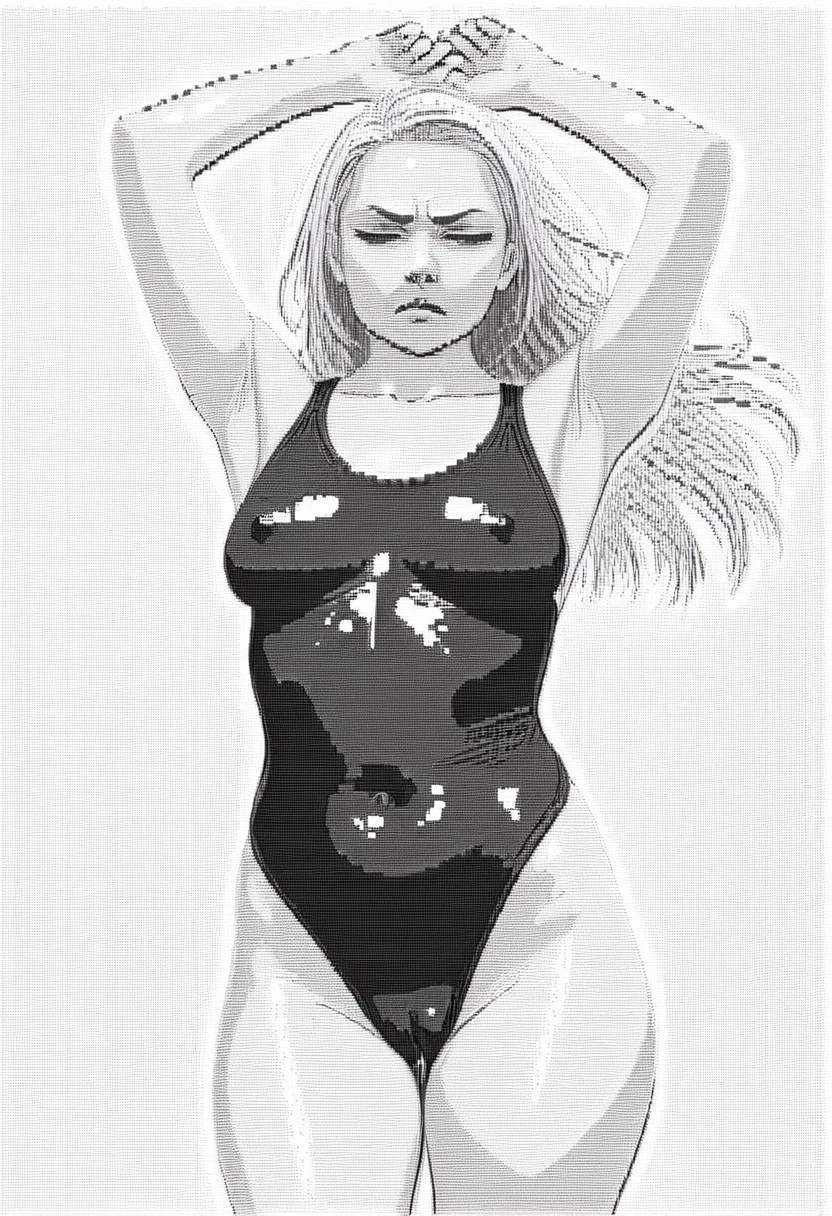 80s_digital, ascii, symbols, score_9, score_8_up, hyper-realistic,
masterpiece, best quality, absurdres detailed eyes,
cowboy shot.three quarters view,
platnium blonde hair,floating hair,blue eyes,half closed eyes,scowl,struggle to get free,arms up,latex swimsuit,((rainbow gradient swimsuit)),covered nipples,camel toe,erect clitoris,
simple background,white background,