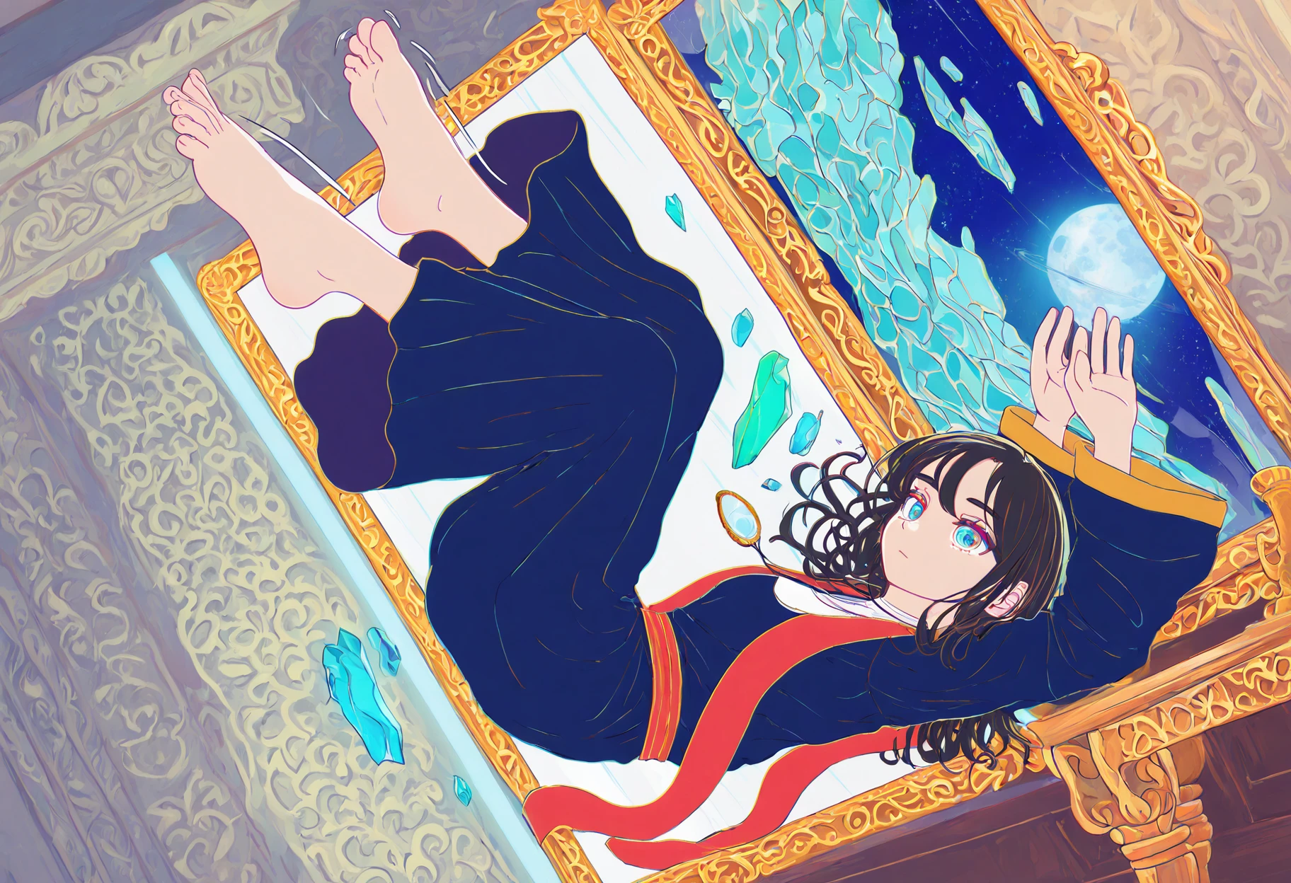 masterpiece, best quality, amazing quality, very aesthetic, absurdres, newest, 1girl,
<lora:umiushi_style_illustr-000010:1> surreal, abstract, colorful, vivid palette, neon palette, f1r57_3ra,
<lora:sellen_noob:1> s0rc3r3ss_s3ll3n, blue robe, blue dress, long sleeves, robe, black hair, blue eyes, necklace, long hair, expressionless,
from side, folded, arms up, falling, motion lines, red motion lines, black motion lines,
feet, unique angle,
purple glowing neon crystals in background, blue glowing neon crystals in background, light green glowing neon crystals in background,
backlighting, hydrokinesis, volumetric lighting, mirror, reflection, reflection in mirror, mirror reflection,
detailed background, stars in background, moons in background,