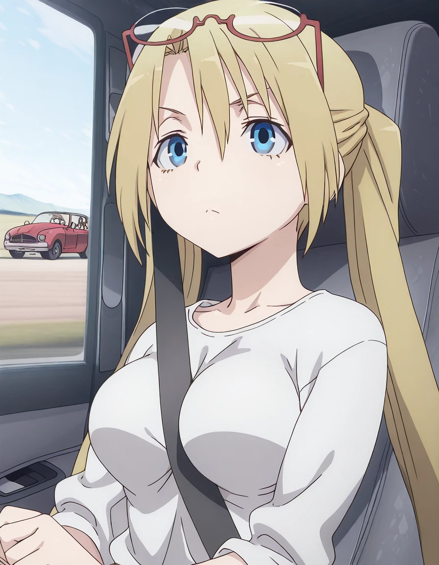 masterpiece, best quality, amazing quality,, <lora:selina-sherlock-s1-illustriousxl-lora-nochekaiser:1>, selina sherlock, long hair, blue eyes, blonde hair, twintails, glasses, eyewear on head, mature female, medium breasts, anime screencap, <lora:strap-between-breasts-illustriousxl-lora-nochekaiser:1> strap between breasts, sitting, ground vehicle, between breasts, motor vehicle, car, driving, car interior, seatbelt,,