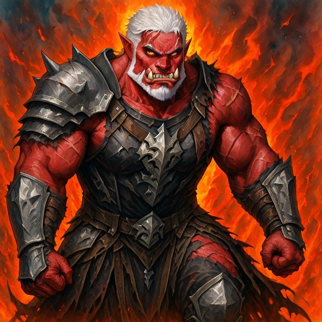 masterpiece, best quality, newest, absurdres, highres, VWCPV1.0, watercolor (medium),
1boy, orc, armor, tusks, muscular male, beard, facial hair, scar, scars, scar, red skin, red colored skin, armor, torn clothes, angry, muscular male,