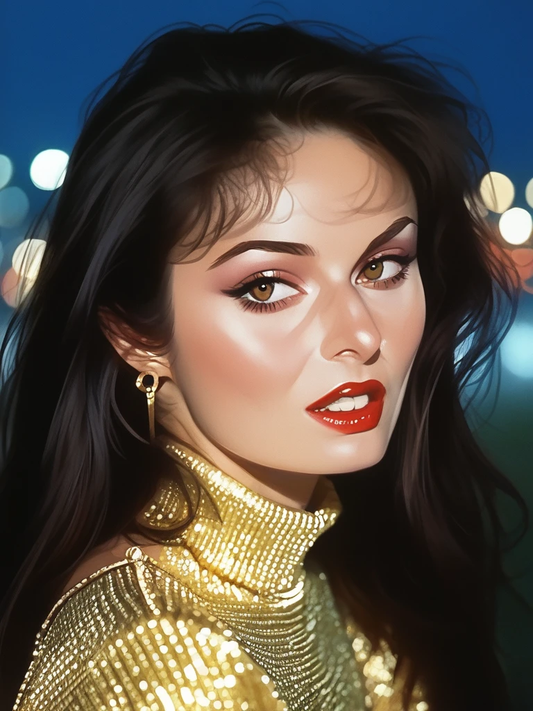 score_9, score_8_up, score_7_up,detailed, cinematic, focus, bokeh, (portrait), face focused, Dani3ll4Rush, Daniella Rush, <lora:Dani3ll4Rush-pony:1>, bokeh, (portrait), face focused, 1girl, long hair, (looking at viewer), lipstick, mid shot, tight gold sweater, ultra detailed, 8k, skin pores, grain, photograph, retro, 1990s fashion, analog, film, nineties, outside, cityscape, sequins, nighttime