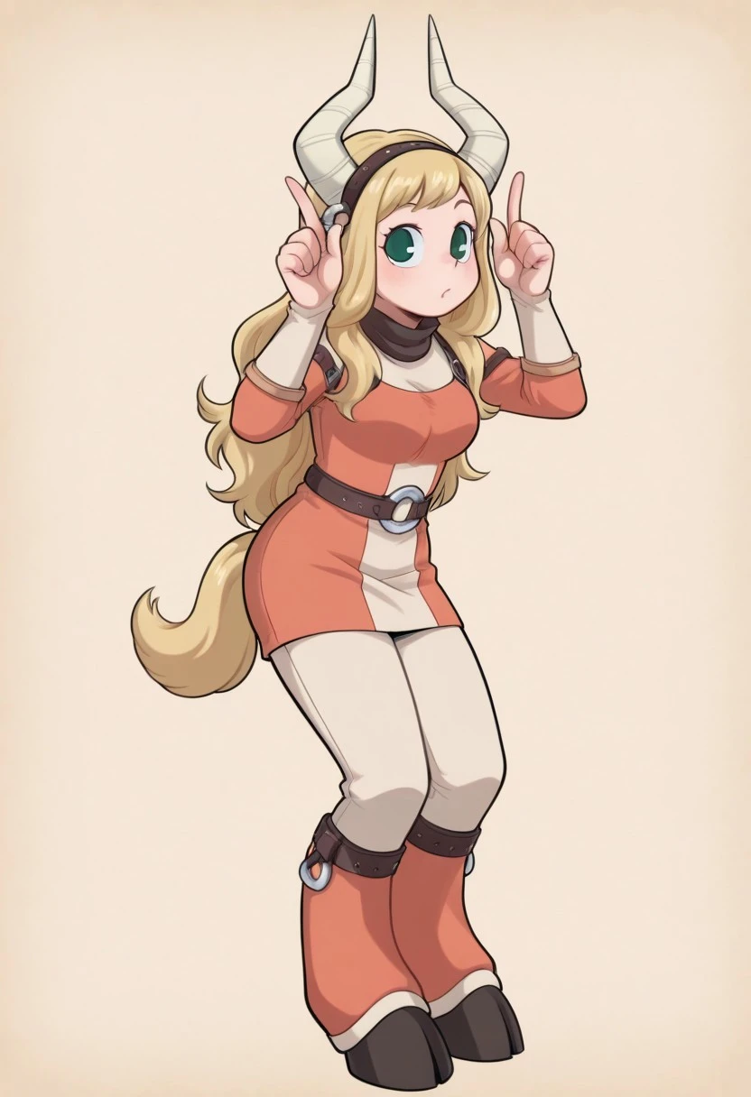 1girl, solo, tsunotoriponyILL, blonde hair, long hair, horns, blue eyes, tail, green eyes, hairband, hooves,