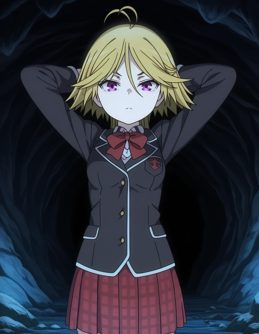 masterpiece, best quality, amazing quality,, <lora:mira-yamana-s1-illustriousxl-lora-nochekaiser:1>, mira yamana, short hair, blonde hair, purple eyes, ahoge, antenna hair, mature female, small breasts, anime screencap, skirt, school uniform, blazer, black blazer, red bowtie, long sleeves, red skirt, pleated skirt, plaid skirt,, hands behind head,, cave, darkness, rocks, underground, stalactites, cowboy shot, solo, looking at viewer