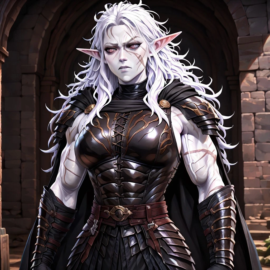 masterpiece, best quality, newest, absurdres, highres, P3DV1.0, 1girl, pale, white skin, colored skin, pale skin, elf, pointy ears, muscular woman, armor, cape, leather armor, scar, scars on face, white hair, long hair, messy hair, black armor, black leather,