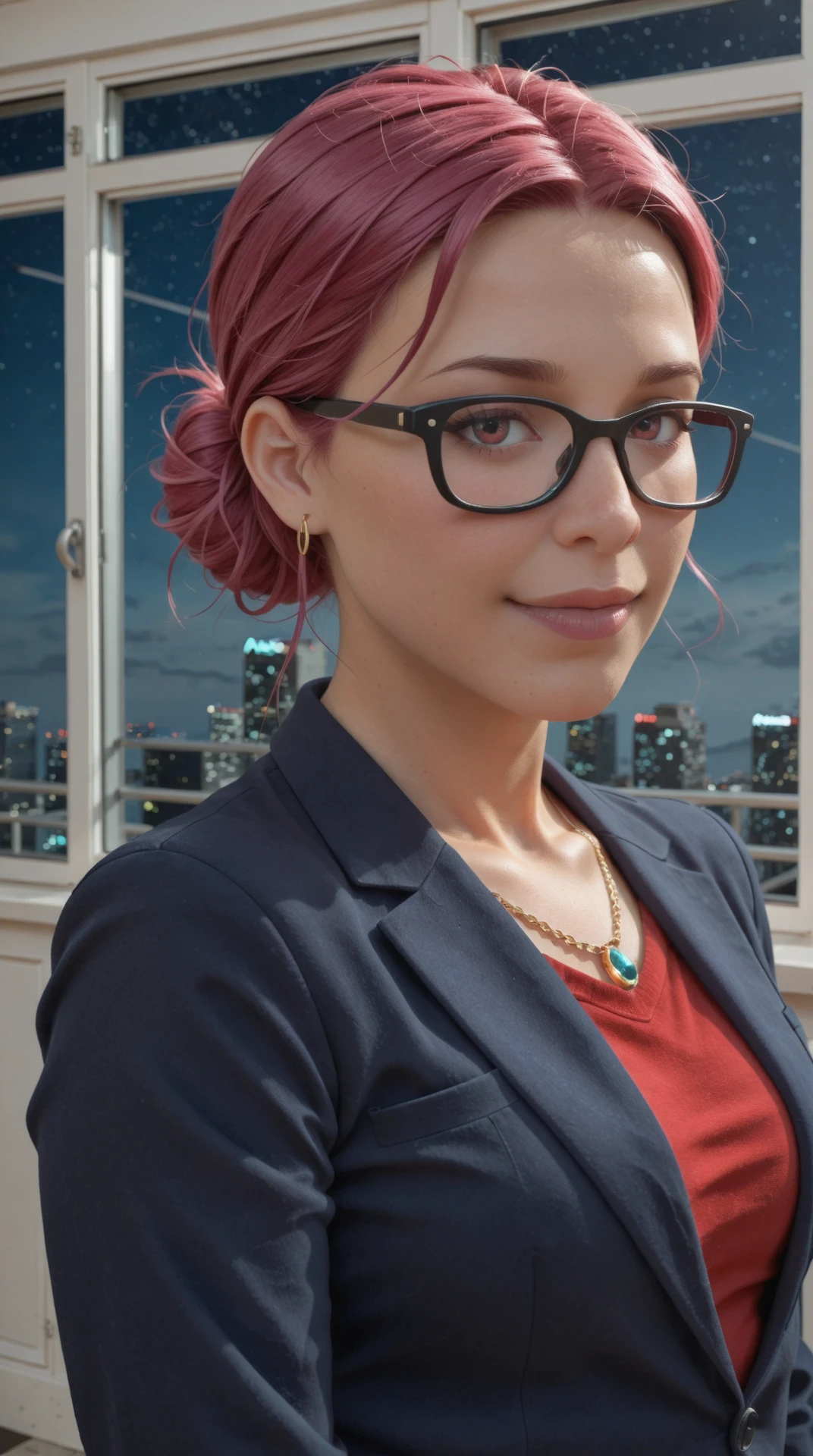 A professional of a asian woman, with gradient colored hair with Vermillion streaks and a Modern Bouffant hairstyle, wearing glasses,
natural face with subtle make-up, a friendly and confident smile, wearing a formal clothes with a neckline, with fine jewellery, slouching, background realistic, natural warm light, authentic, lifestyle associated with luxury, confident , sociable, attractive, defiantly dressed, deep clevage, seductive, alluring, attractive, slight smile
, outdoor balcony in a massive space station, overlooking a distant star system