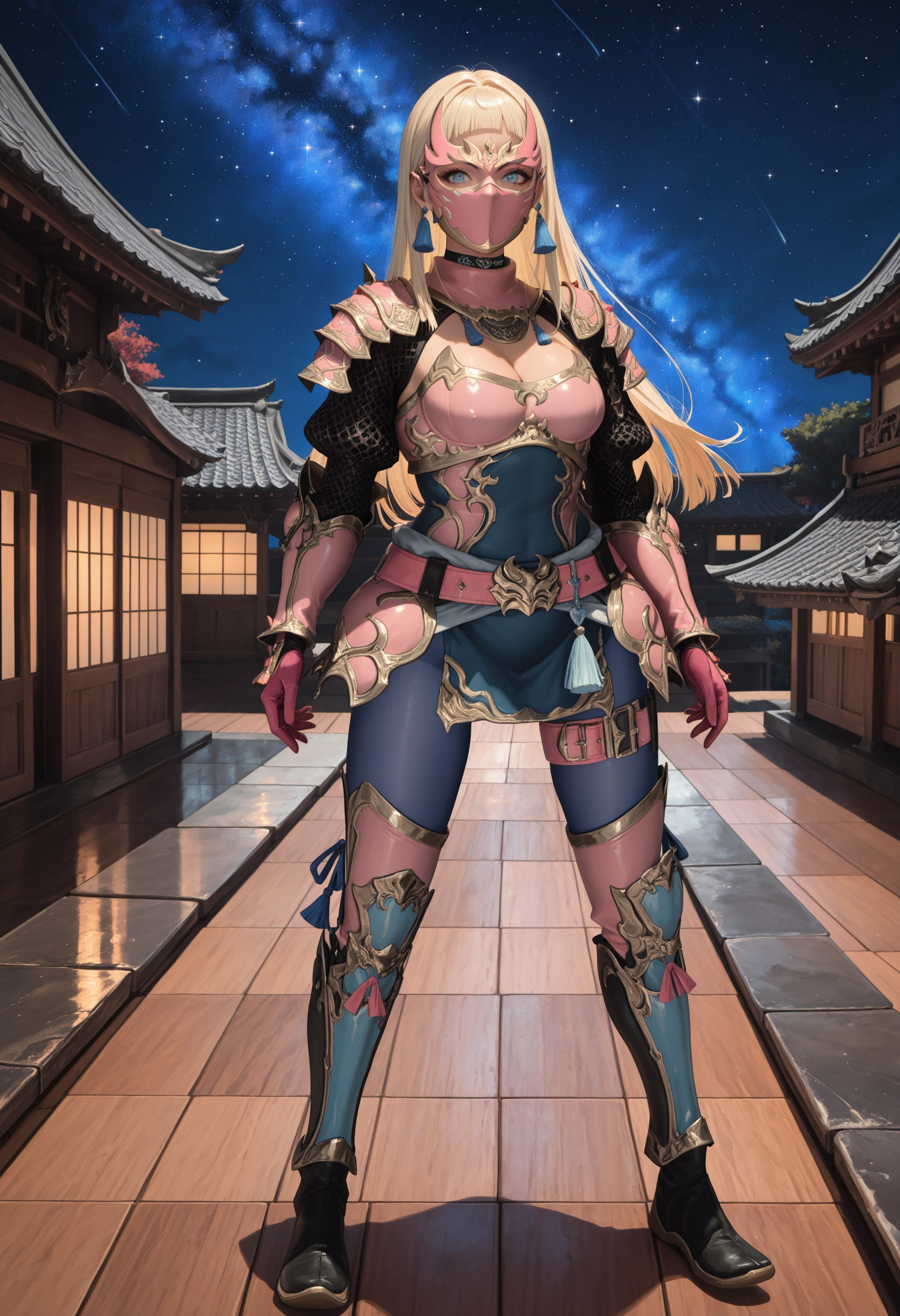 nighttime,full body,Genshin Impact:Raiden Shogun,(((Wearing Fluorescent fabric:harem outfit,Suzhoou embroidery technique:Lace sequin cloak woven from feathers))), Fabric Glows, Masterpiece,best quality,official art,extremely detailed 3DCG unity 8k, ( ##tattoo ##,tattoo, ~+ tattoo), (erfect female curves, huge stacked breast and proud cleavage),(A seductive gaze), Facing the camera, Pink lips,Blacklight lighting,full body, pants, vest