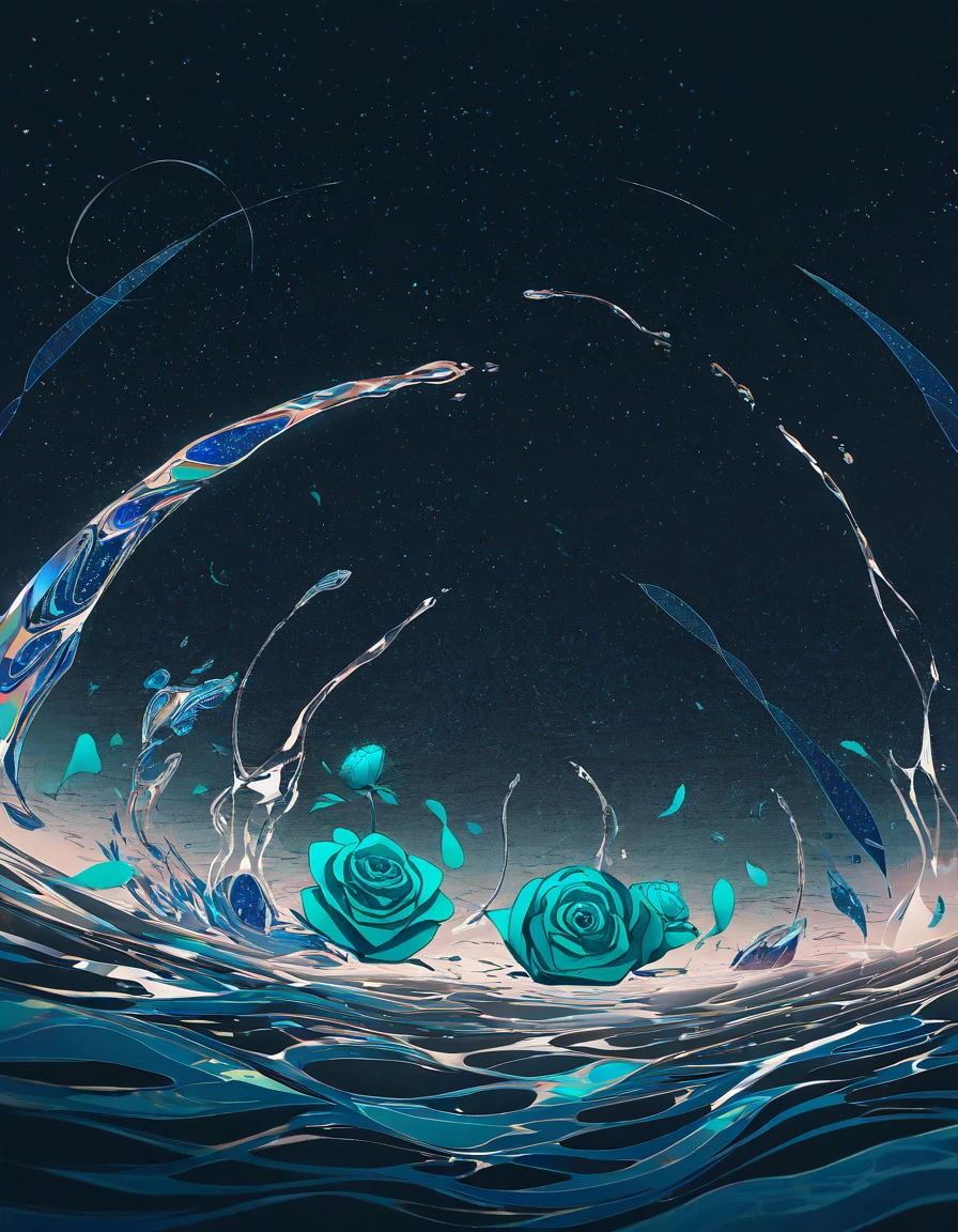 (masterpiece), best quality, abstract, abstract art, illustration, anime, teal and silver, black and silver, ((teal rose), simple background, dark background), melting, detailed, cosmic print, constellations, water, cinematic, light particles, sci-fi, space