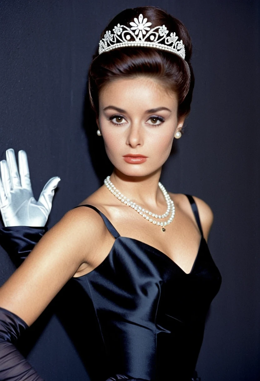 Dani3ll4Rush, Daniella Rush, <lora:Dani3ll4Rush-sdxl:1>, 1girl, (portrait), face focused, mid shot, black dress, sleeveless dress, long gloves, pearl necklace, updo hair, beehive hair, tiara, high fashion, elegant, 1960s fashion, classic hollywood, analog, film,
