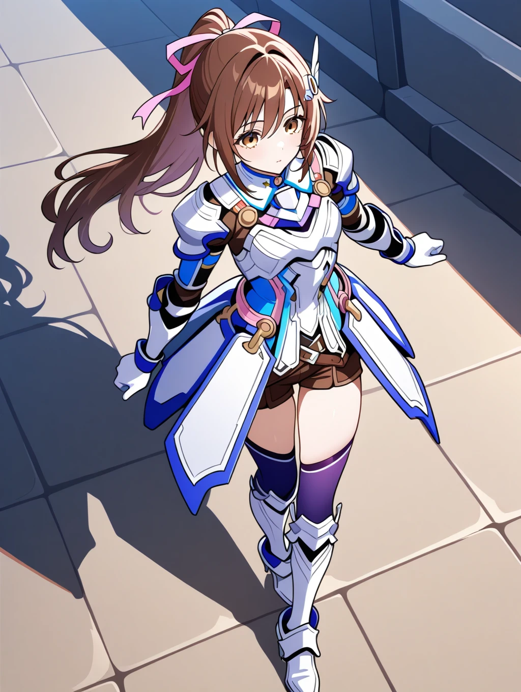 Daiwa Scarlet,\(Umamusume\), 1girl in, Twintails with brown hair , large full breasts,Red shorts, Short shorts, Long sleeves, purple thighhighs, White jacket, vests, garter strap, long boots, white footwear, wristbands,Shirt,White skirt, Overskirt, high-heels,
