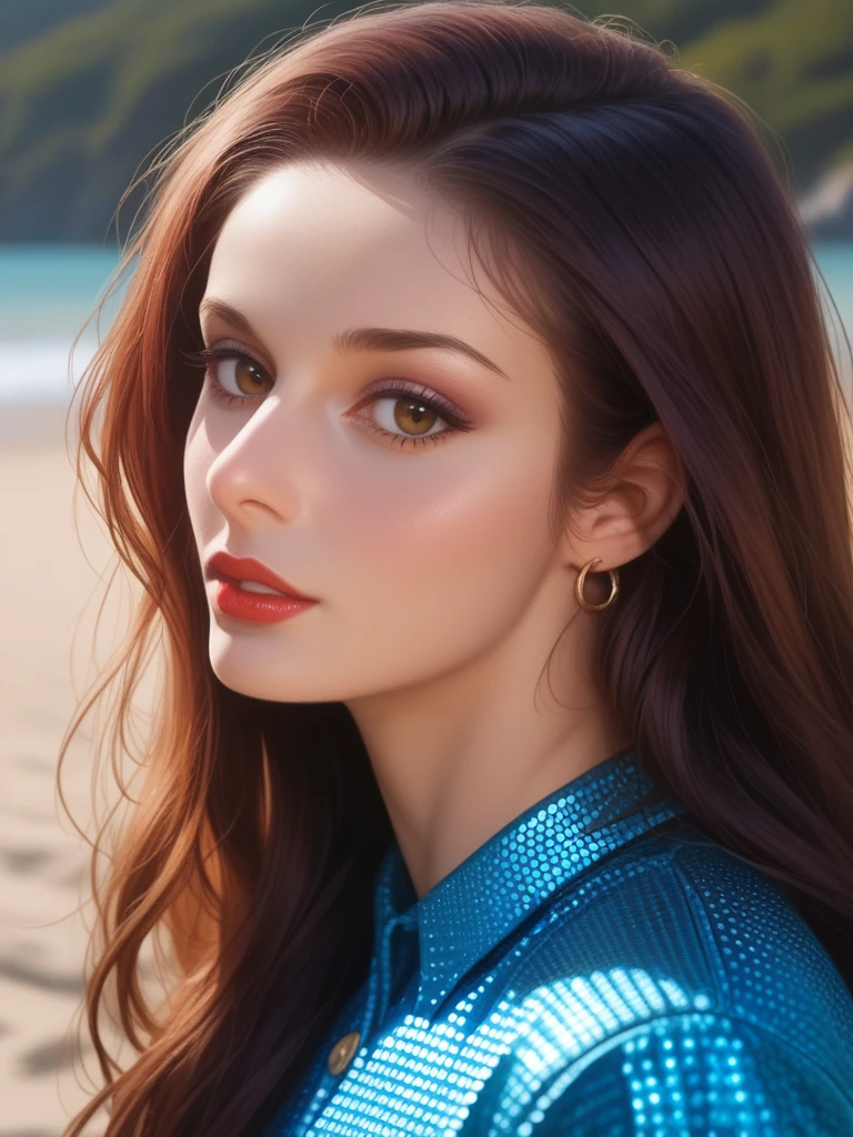 ((beachside, shoreline, beach)), profile, side view, score_9, score_8_up, score_7_up, detailed, cinematic, focus, bokeh, (portrait), face focused, Dani3ll4Rush, Daniella Rush, <lora:Dani3ll4Rush-pony:1>, bokeh, (portrait), face focused, 1girl, long hair, (looking at viewer), lipstick, mid shot, button shirt, ultra detailed, 8k, skin pores, grain, photograph, retro fashion, analog, film, nineties, sequins, nighttime