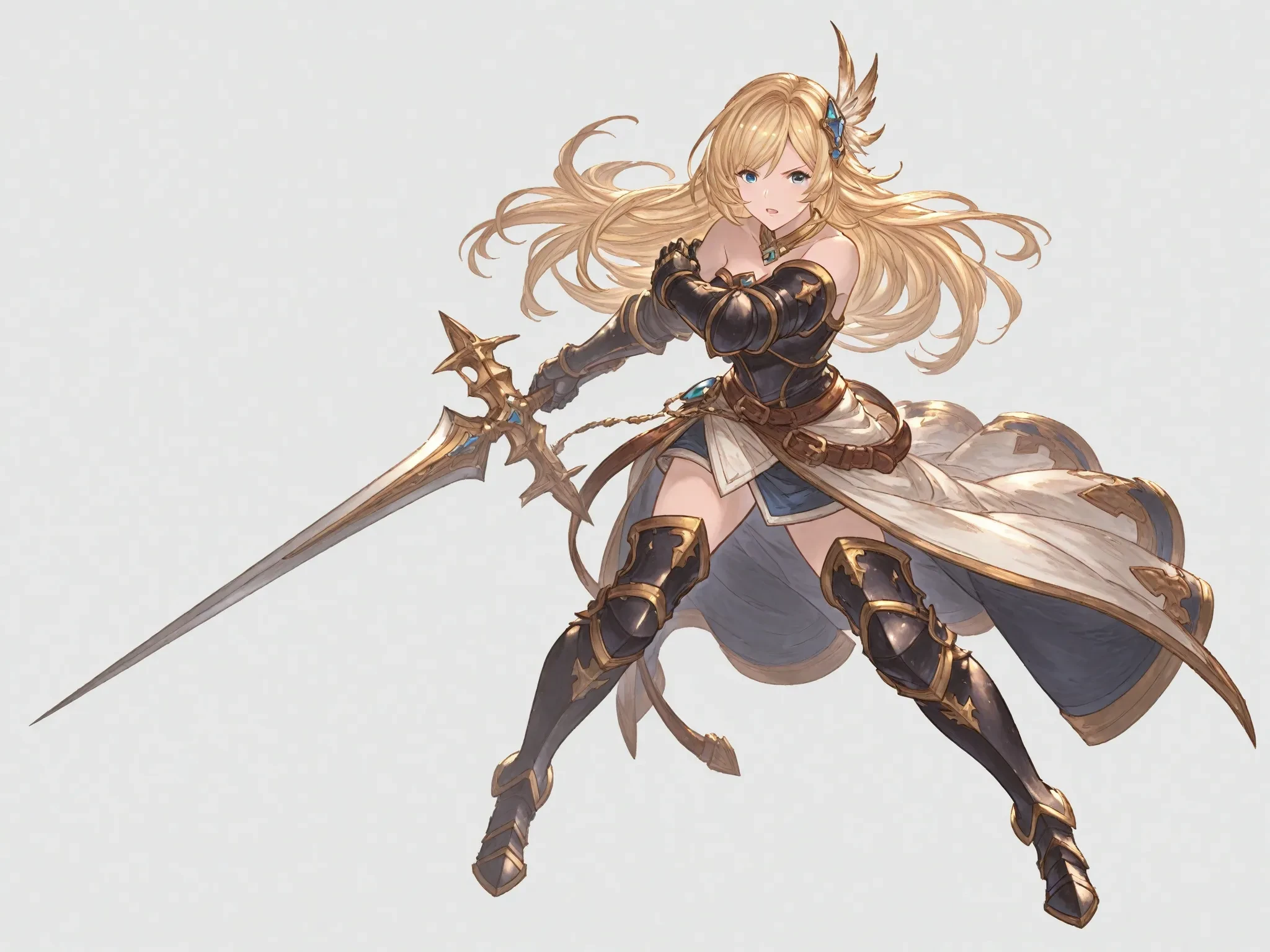 masterpiece,best quality,highres,<lora:CygamesJeanneV4:0.7>,depth of field,cinematic lighting,dynatic angle,dramatic angle,serious,blonde hair,blue eyes,hair ornaments,costume1,flag,from below,armor,bare shoulders,dress,thighhighs,thick thighs,boots,gauntlets,sword,looking at viewer,shaded face,holding,long dress,detached sleeves,gauntlets