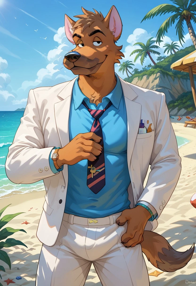score_9, score_8_up, score_7_up, (AceHart), german shepherd, solo, 1boy, ((expressive)), ((body movement, hand movement)), outdoors, in backroom, cocky smile, hand on waist, holding dink in hand, chilling near beach bar, sunny, sand, beach scenery, blue shirt, white suit jacket, black tie, detailed bedroom, hi res, perfect face, best artwork, highly detailed