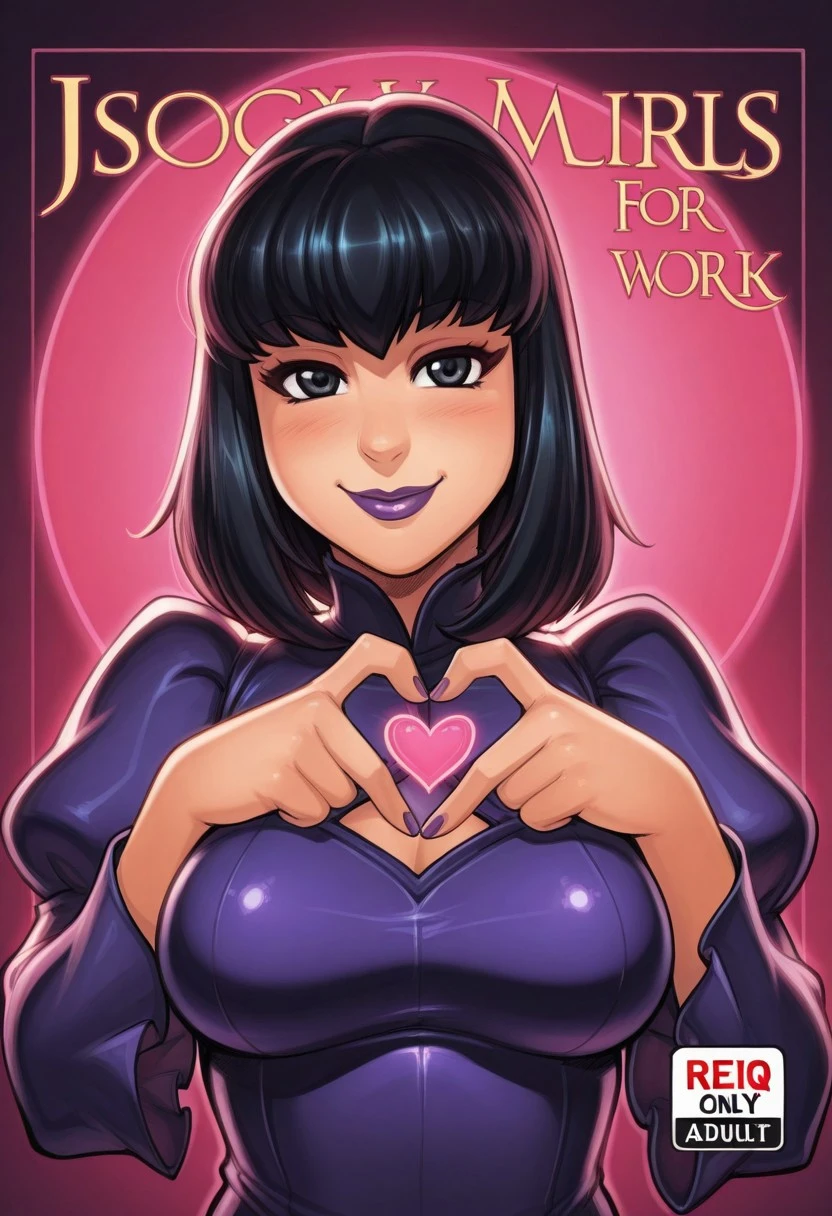 1girl, solo, medium build, medium hair, good lighting, sfw, safe for work, covered skin, flowy dress, black eyes, purple lipgloss, smiling, portrait, upper body, doujin cover, heart hands, japanese text, looking at viewer, reiq