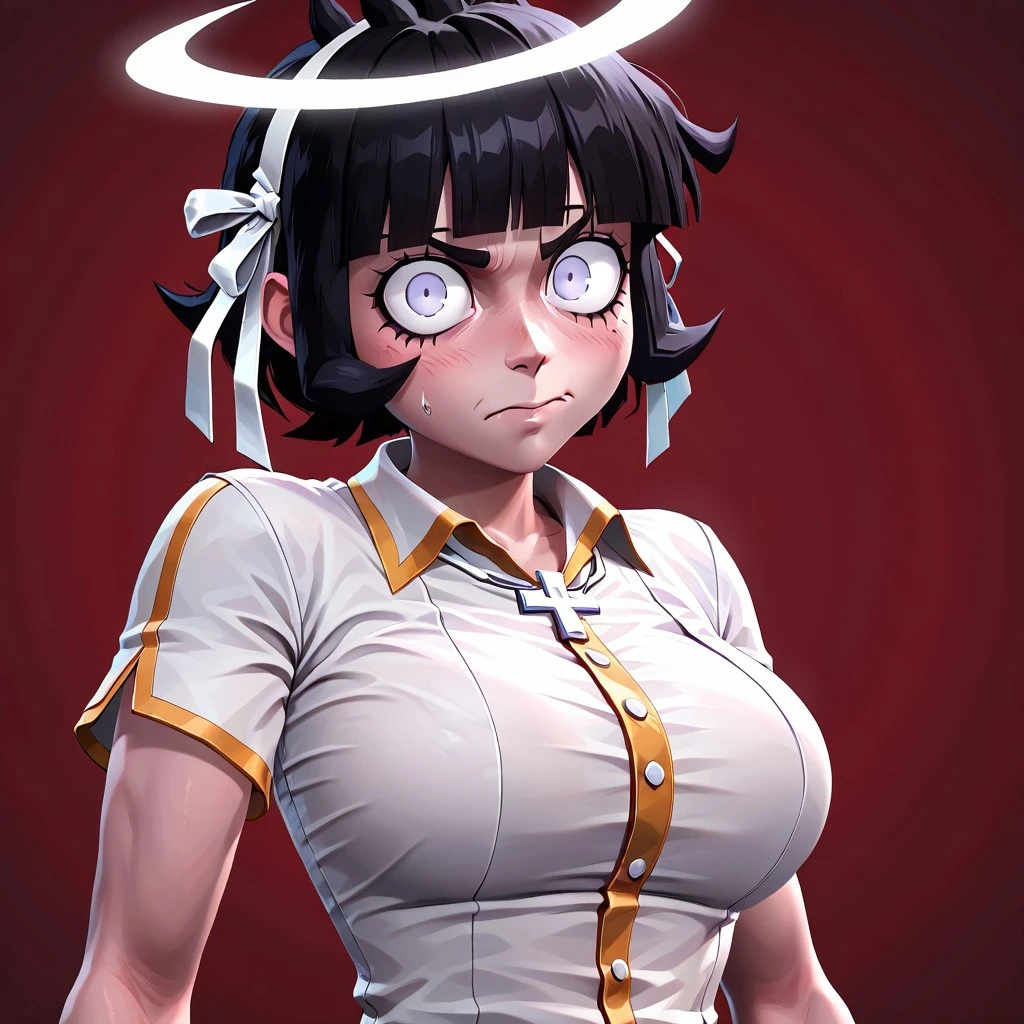 masterpiece, best quality, newest, absurdres, highres, P3DV1.0, 1girl, azazel (helltaker), short hair, black hair, halo, white shirt,