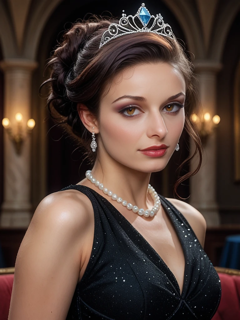 score_9, score_8_up, score_7_up, detailed, cinematic, focus, bokeh, (portrait), face focused, Dani3ll4Rush, Daniella Rush, <lora:Dani3ll4Rush-pony:1>, 1girl, (portrait), face focused, mid shot, black dress, sleeveless dress, long gloves, pearl necklace, updo hair, beehive hair, tiara, high fashion, elegant, 1960s fashion, classic hollywood, analog, film, interior, dining hall